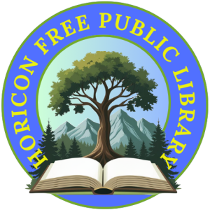 Horicon Free Public Library logo. Book in front of large tree and mountains.